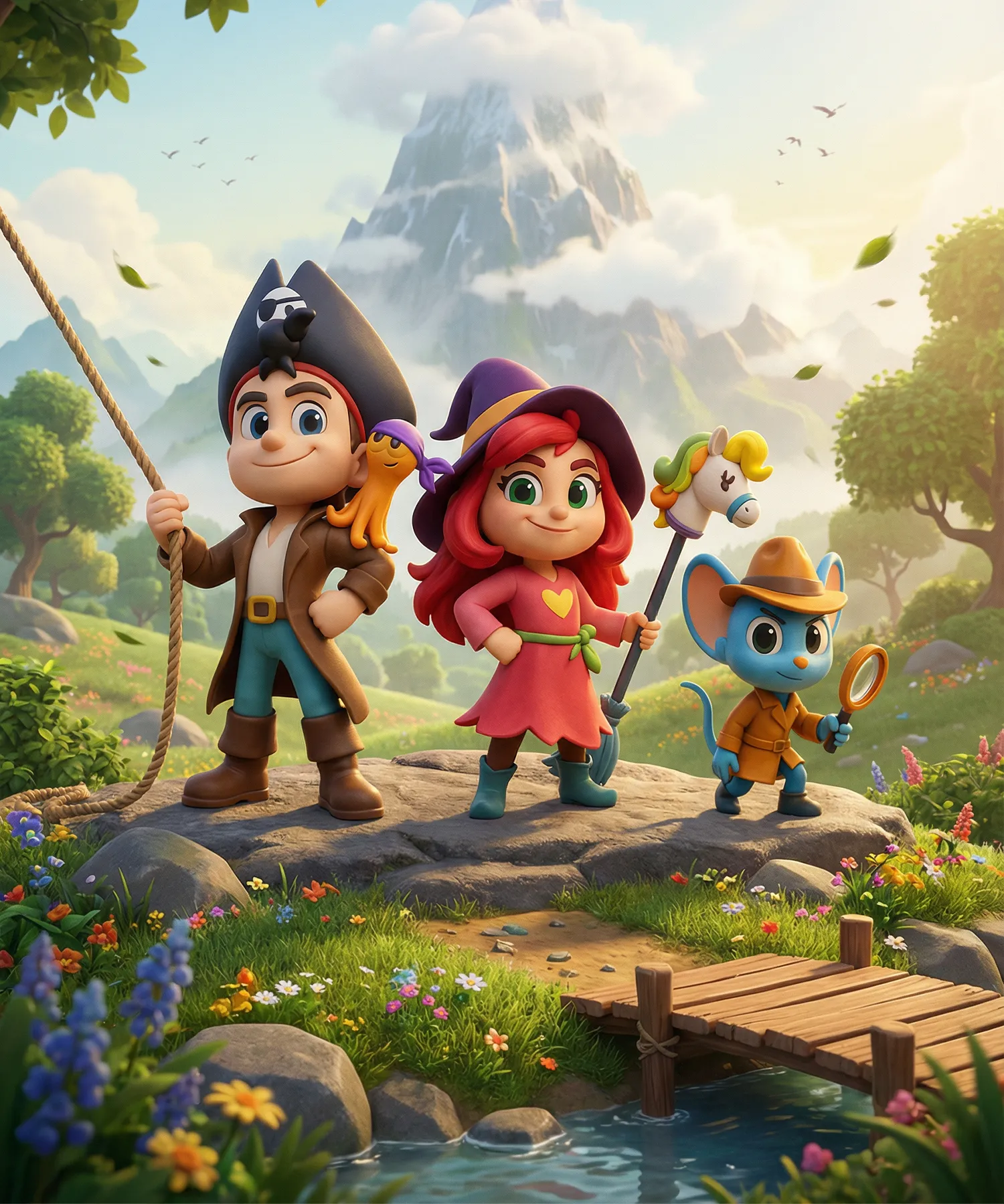 figuren Ein Piratenjunge, ein Hexen-Mädchen und eine Detektiv-Maus stehen in Heldenpose auf einem Felsen in bunter Natur vor einer Bergkulisse.